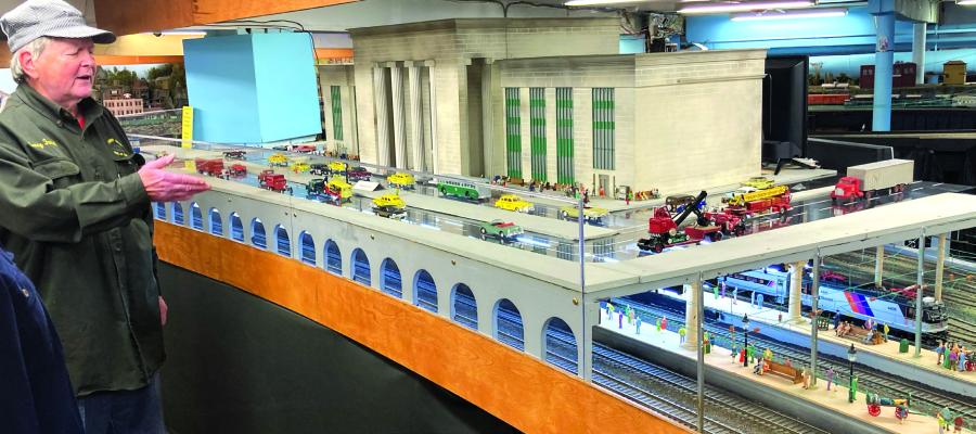WATCH YOUR HEAD: The ceiling is low at the Cherry Valley Model Railroad Club, resulting in an abbreviated height to the model of Philadelphia’s 30th Street Station and Gerry Farrell always wearing a hat when at the club.
