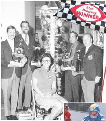 O CHRISTMAS TREE, O CHRISTMAS TREE: Above are Paul Jaffe, Lester Medvene, Ed Rosner, Jack Musilli and their “Girl Friday,” Gilda Passarella, taken in 1970 in the second office of the Atco Dragway, located in 718 Haddon Ave., in Collingswood. The office was decked out for Christmas, complete with a decorated “Christmas tree.” Drag races are started electronically by a column of seven lights known as a Christmas tree.