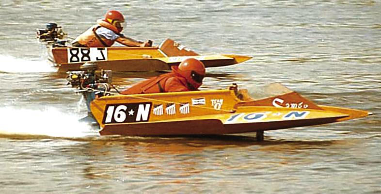 SPEEDY BOATS: Two power boat racers guide their hydroplane boats along the Cooper River course during the American Power Boat Association Stock Outboard Regatta in 1973, above. Inset center is the program for that race, sponsored by the Haddon Heights Jaycees. photo by Joe Homer