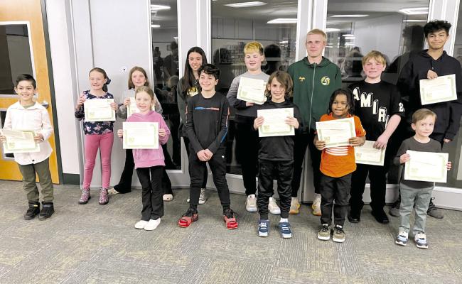STUDENT ACHIEVEMENTS: Audubon students of the month for February 2024 were recognized at the March 20 meeting. From left to right: Alexander Gencero, Lleyna Sinn, Michaela Tracy, Hailey Schmidt, Katharine McGurk, Matthias Gleason, Christian O’Connor, Brody Preston, Trent Bantle, Noah Tyler, William Flanagan-Cook, Ben Reiter, Gabriel Andujar.